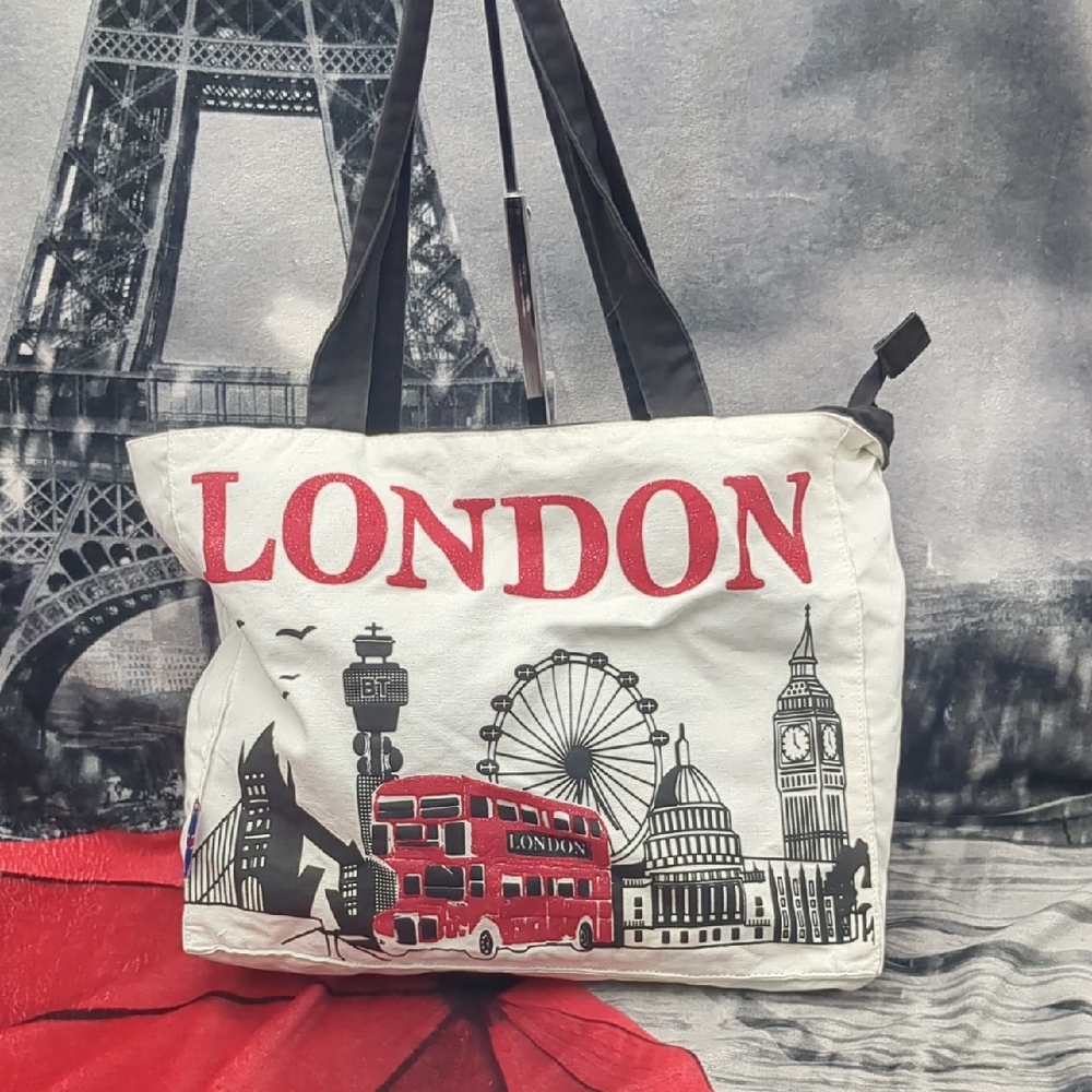 London Themed White and Black Tote Bag